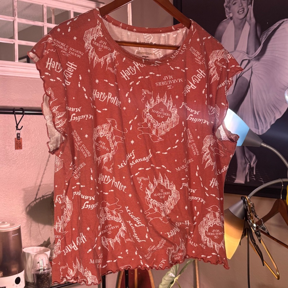 Harry Potter Sleep Top Women 2X Red Marauders Map Lettuce Trim Pajama Shirt